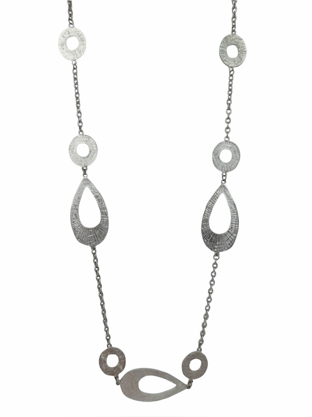 Chico’s Silver Tone Geometric Necklace Brushed Textured Open Teardrop Circles